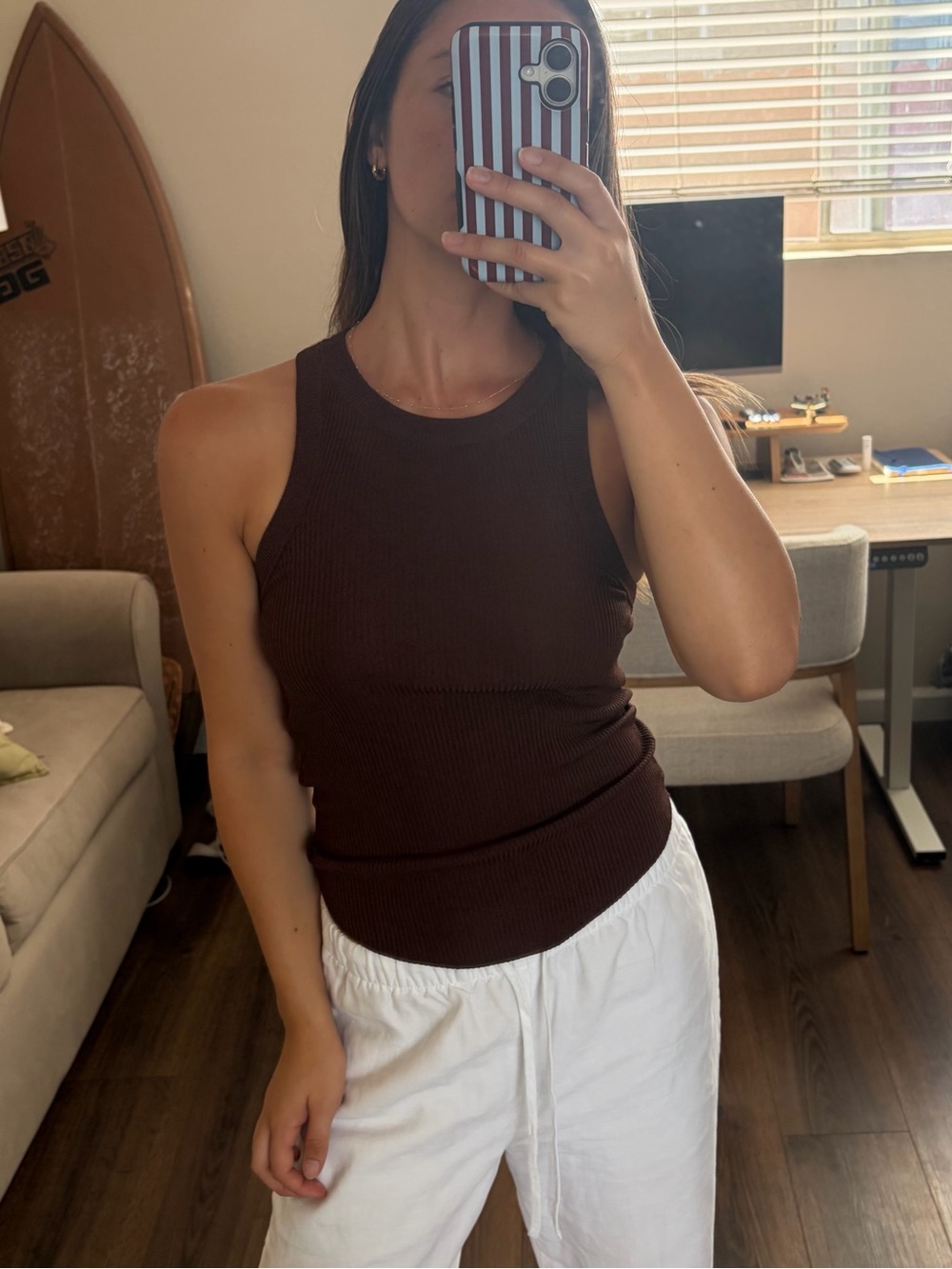 Women’s Brown Ribbed Tank Top - Sleeveless Knit Cami